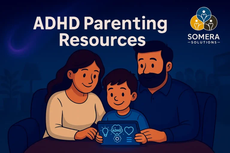 Parents assisting their son using ADHD parenting resources using a tablet