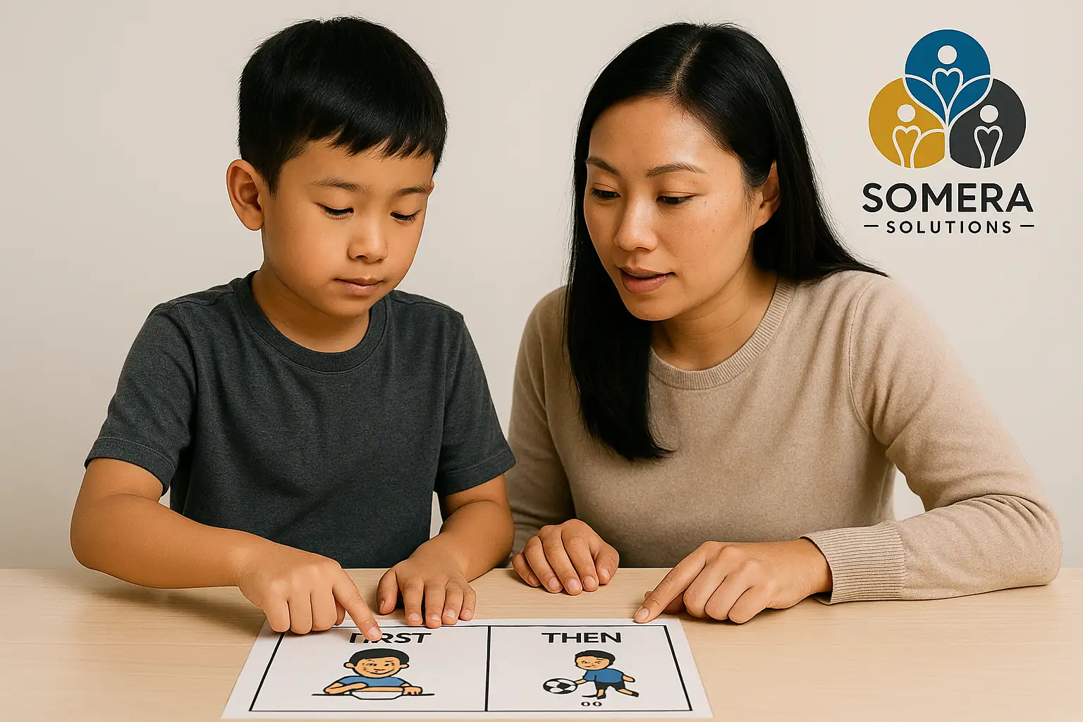 Asian mother guiding her young son through a First–Then visual schedule at a table