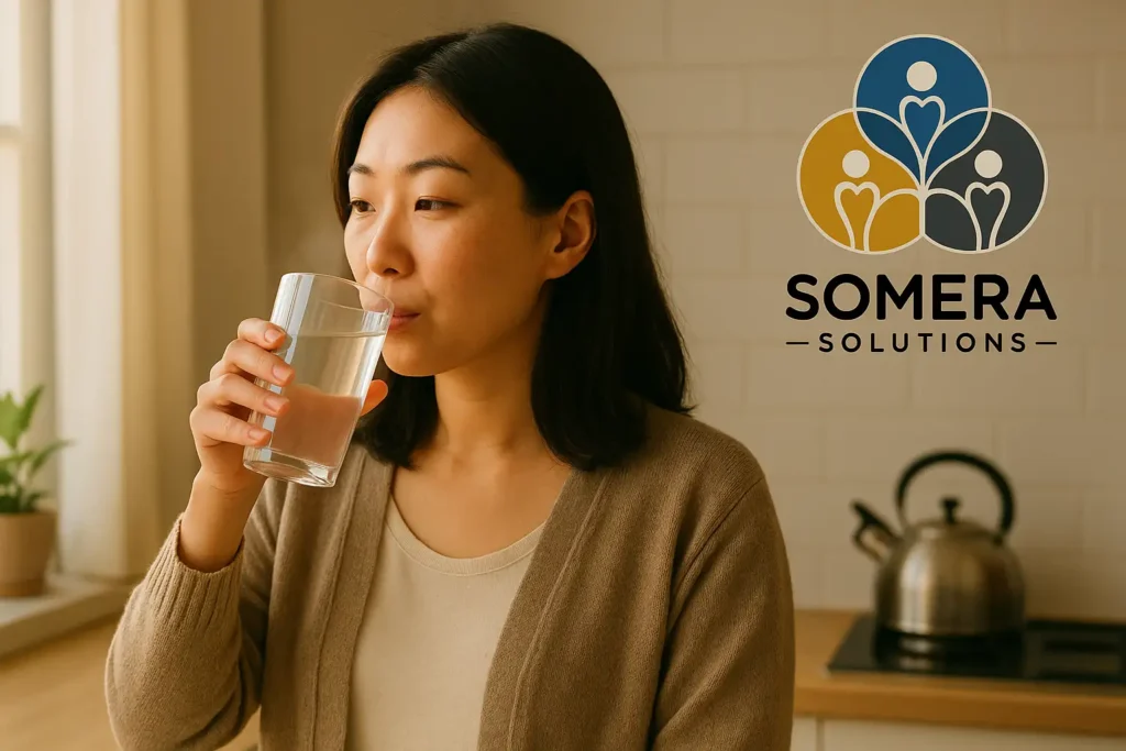 Asian woman in a sunlit kitchen drinking a glass of lukewarm water as part of her morning routine