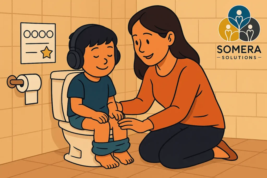A mother helping his son with sensory issues related to potty training.