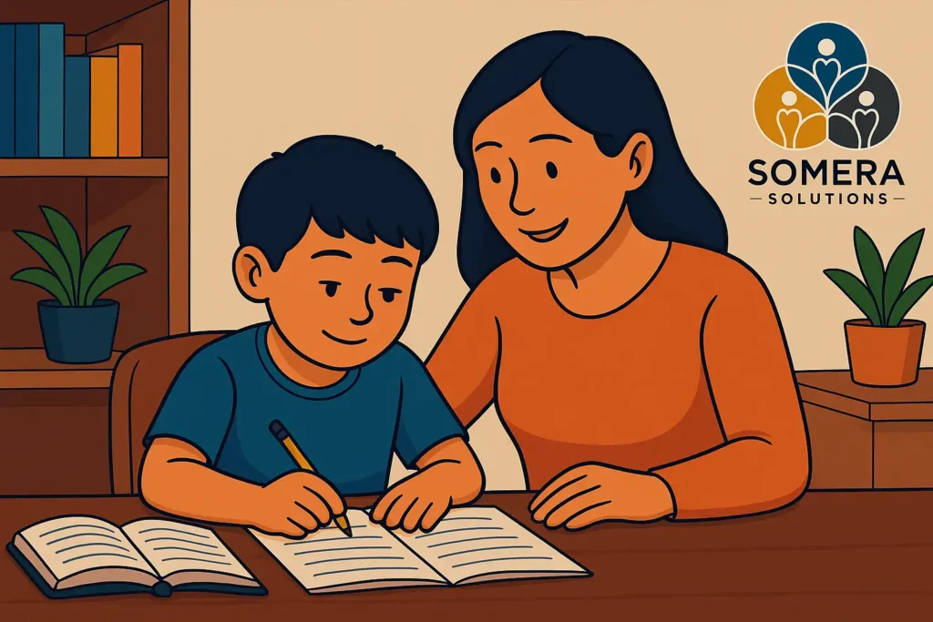 A mother teaching helping her son with his homework.