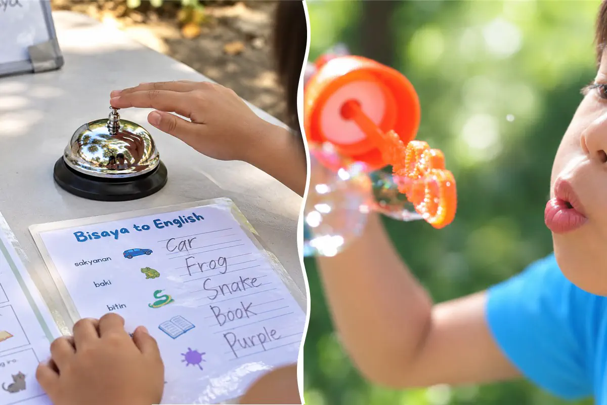 Left, a child hand reaching to ring a silver library desk bell; right, a child blowing bubbles with an orange wand.