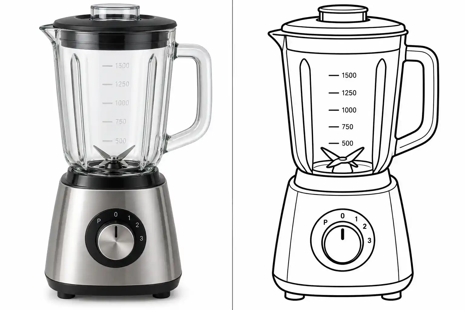 A blender next to its black-and-white coloring page.