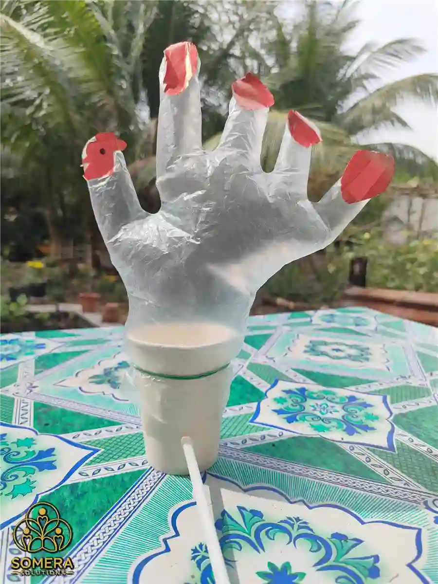 Our homemade chicken toy: a clear plastic glove puffed up with air on top of a paper cup with a straw, with red paper on the fingertips and a paper chicken on the thumb, on a table in the garden