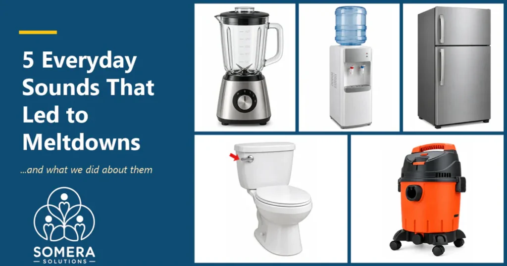 A blender, a water dispenser, a fridge, a toilet and a vacuum cleaner, with the title 5 Everyday Sounds That Led to Meltdowns