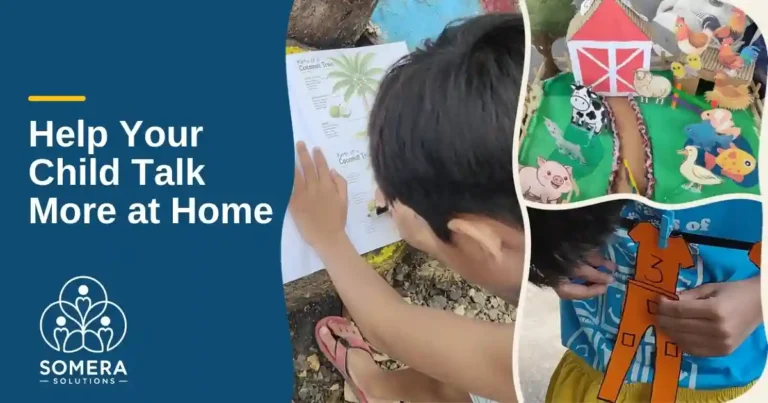 Collage of home learning moments: a child working in a coconut tree workbook outdoors, a handmade cardboard farm, and a child's hands clipping numbered paper clothes on a clothesline.