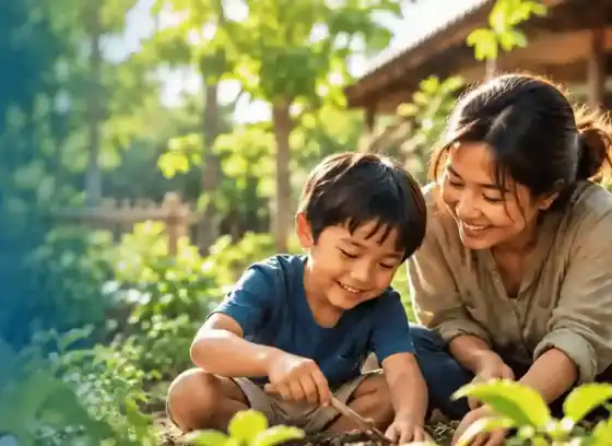 A mother and her child learning together in the garden