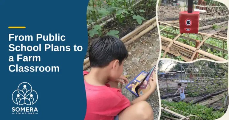 Collage of farm learning moments: a child reading a book beside a vegetable garden, a red cardboard box with a smiling face on a bamboo trellis, and a child watering a large farm garden with a hose.
