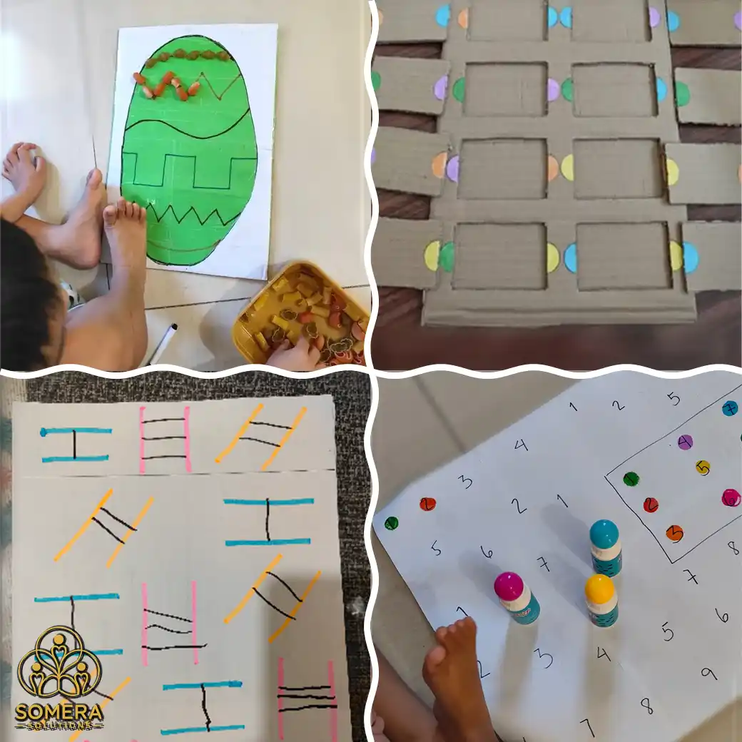 Four paper and pattern activities: a green paper egg with pasta laid along pattern lines, a cardboard color-matching board with colored dots, pairs of colored lines going up and down, across and slanted with black lines drawn between them, and a long numbered paper with colored dots