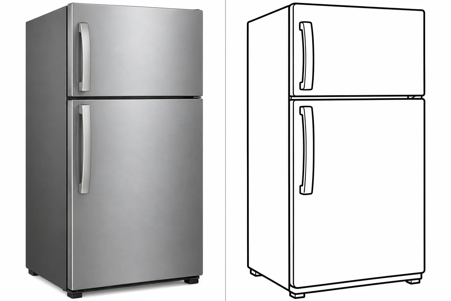 A fridge next to its black-and-white coloring page.