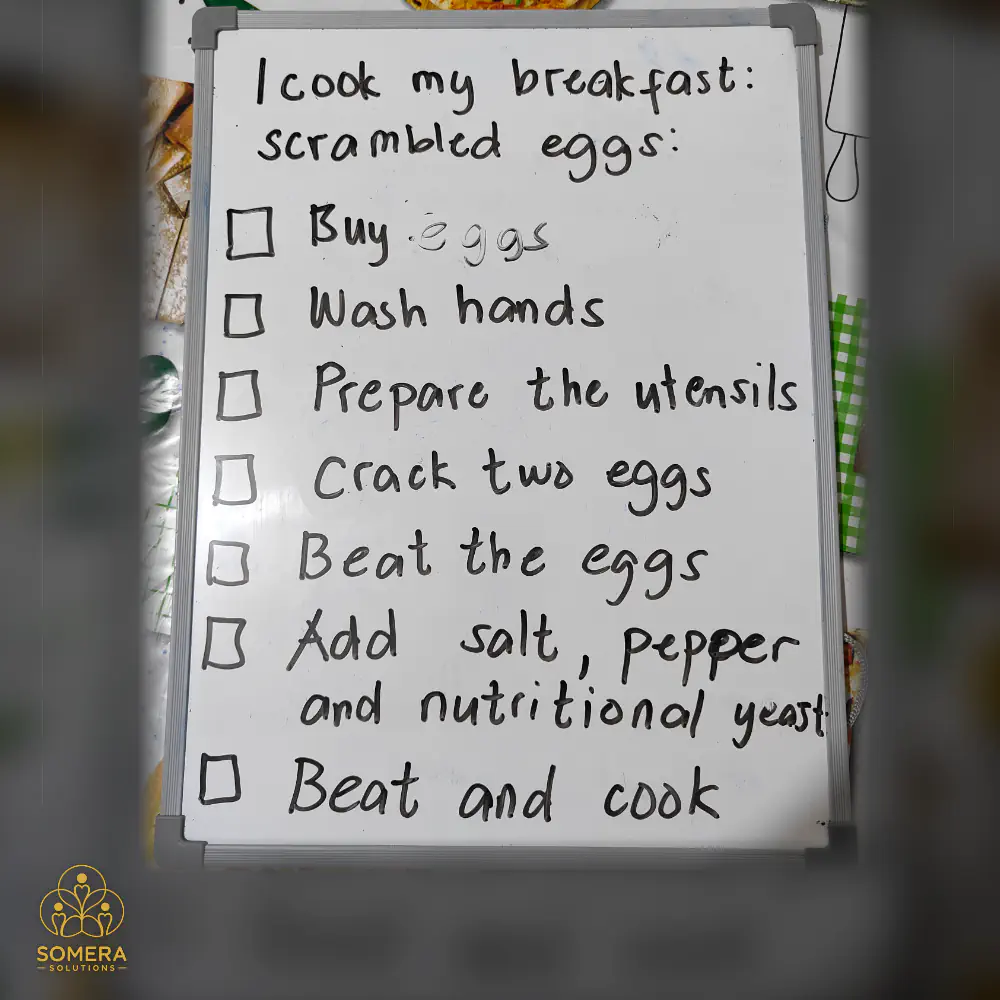A whiteboard checklist titled I cook my breakfast: scrambled eggs, with steps from buy eggs to beat and cook