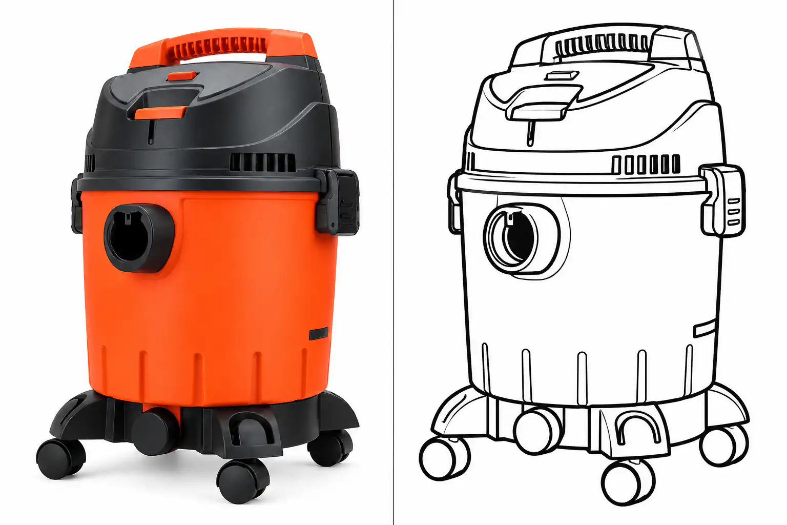 A vacuum cleaner next to its black-and-white coloring page.
