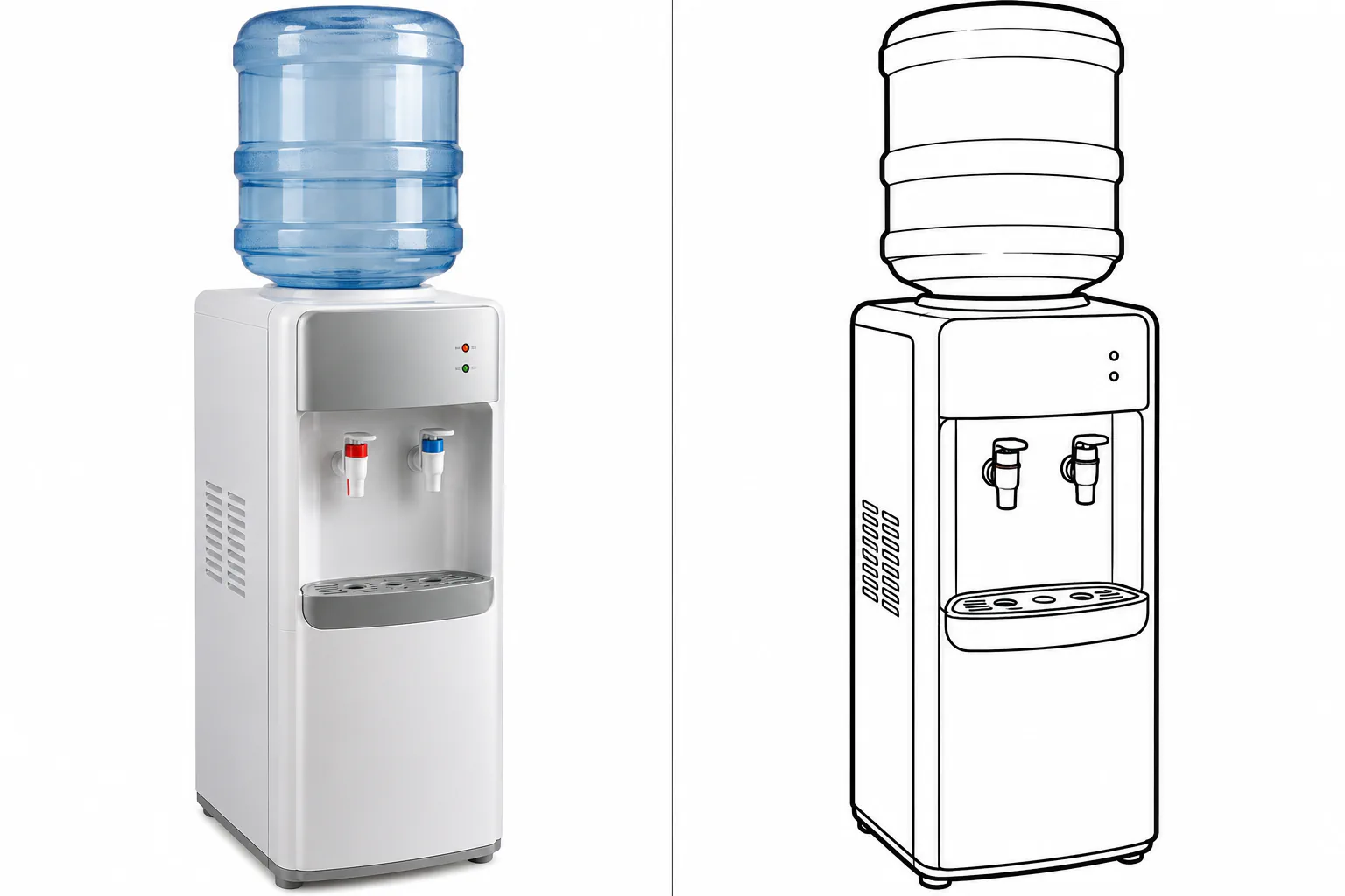 A water dispenser next to its black-and-white coloring page.